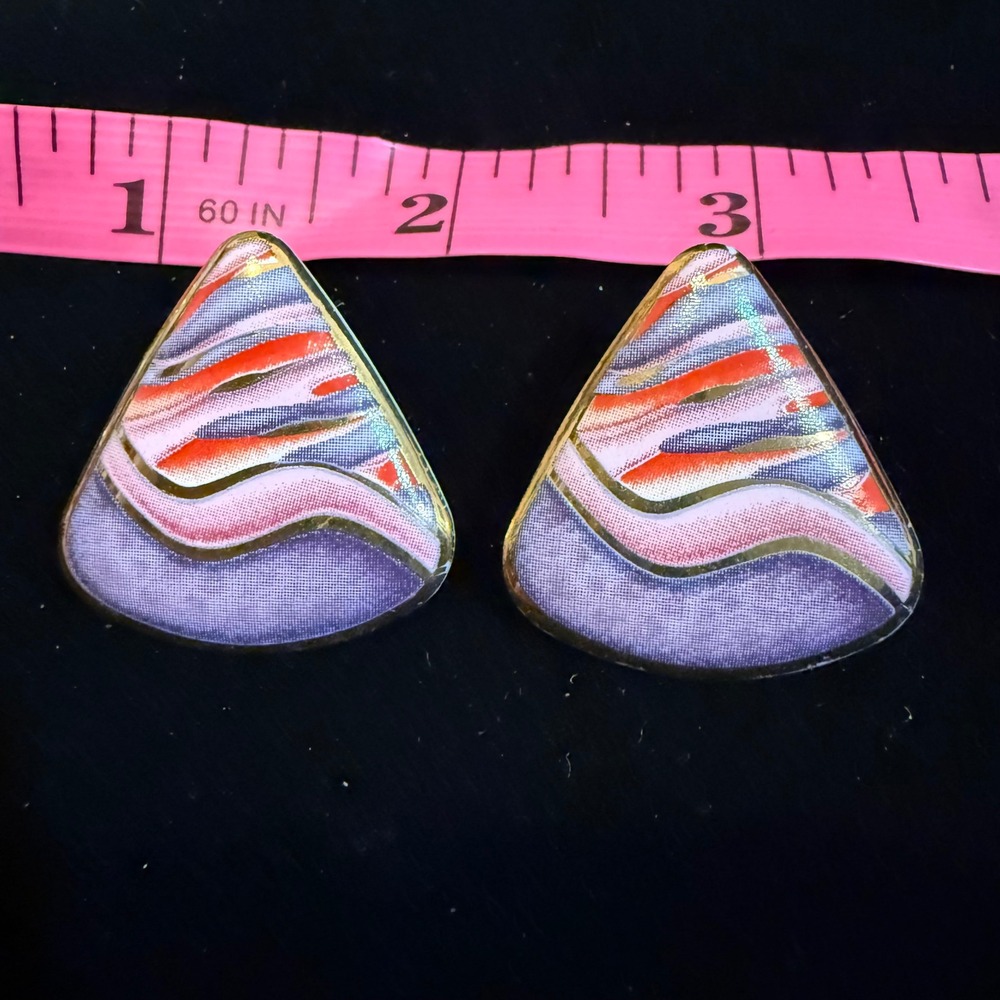 Vintage 80s Geometric Triangle Abstract Wave Post Earrings Purple Pink Gold